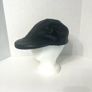 Vtg New York Hat Company Black Leather Newsboy Drivers Cap Sz L/XL Made In USA